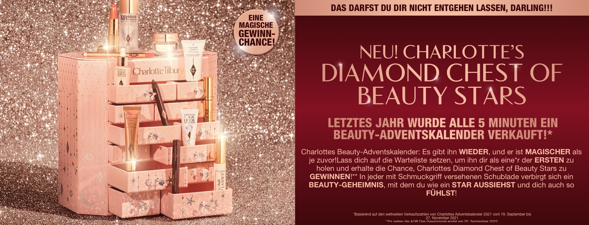 A pink-coloured chest of drawers with a clay mask, nude pink matte lipstick, nude pink lip liner, eyeliner pencil in dark copper, black-coloured mascara, liquid primer, champagne-coloured liquid highlighter, dark brown eyeliner pencil, pearly-white face cream, luminous ivory-coloured serum, and bronze-coloured body highlighter., and text that reads, 'A magical chance to win!'