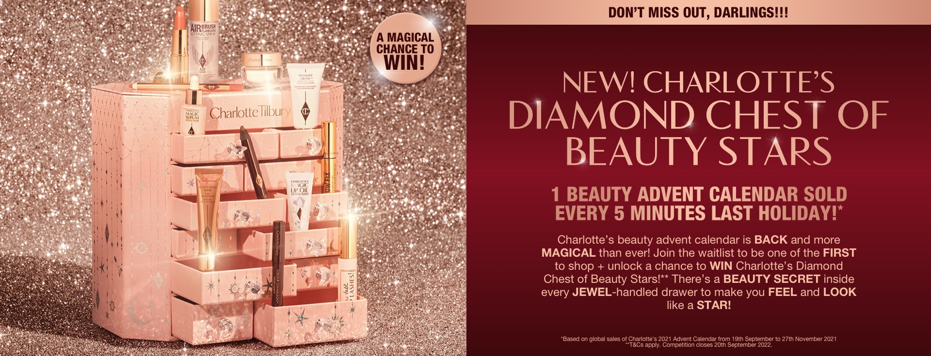 A pink-coloured chest of drawers with a clay mask, nude pink matte lipstick, nude pink lip liner, eyeliner pencil in dark copper, black-coloured mascara, liquid primer, champagne-coloured liquid highlighter, dark brown eyeliner pencil, pearly-white face cream, luminous ivory-coloured serum, and bronze-coloured body highlighter., and text that reads, 'A magical chance to win!'