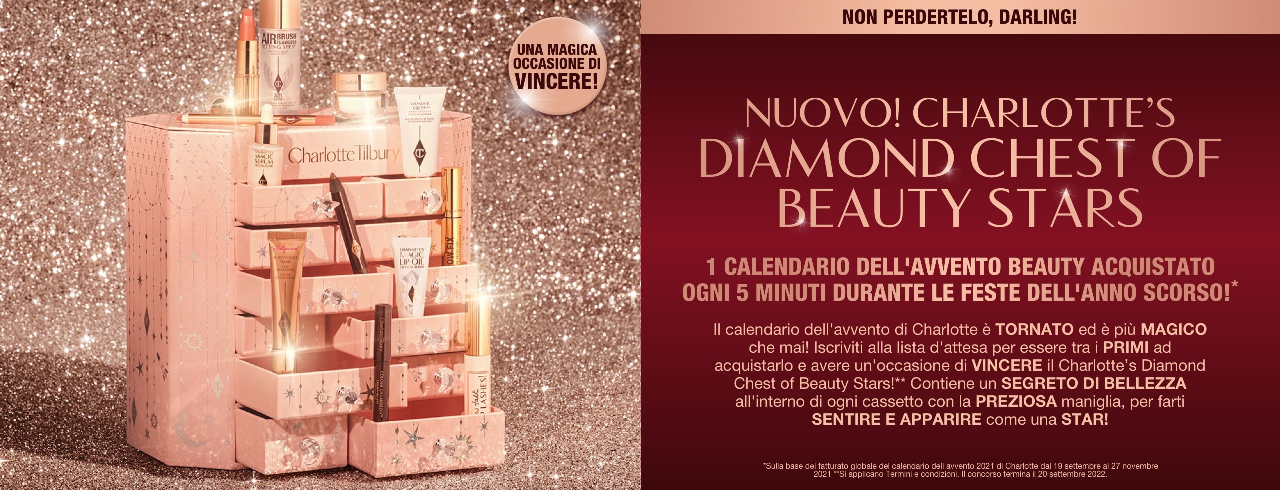 A pink-coloured chest of drawers with a clay mask, nude pink matte lipstick, nude pink lip liner, eyeliner pencil in dark copper, black-coloured mascara, liquid primer, champagne-coloured liquid highlighter, dark brown eyeliner pencil, pearly-white face cream, luminous ivory-coloured serum, and bronze-coloured body highlighter., and text that reads, 'A magical chance to win!'