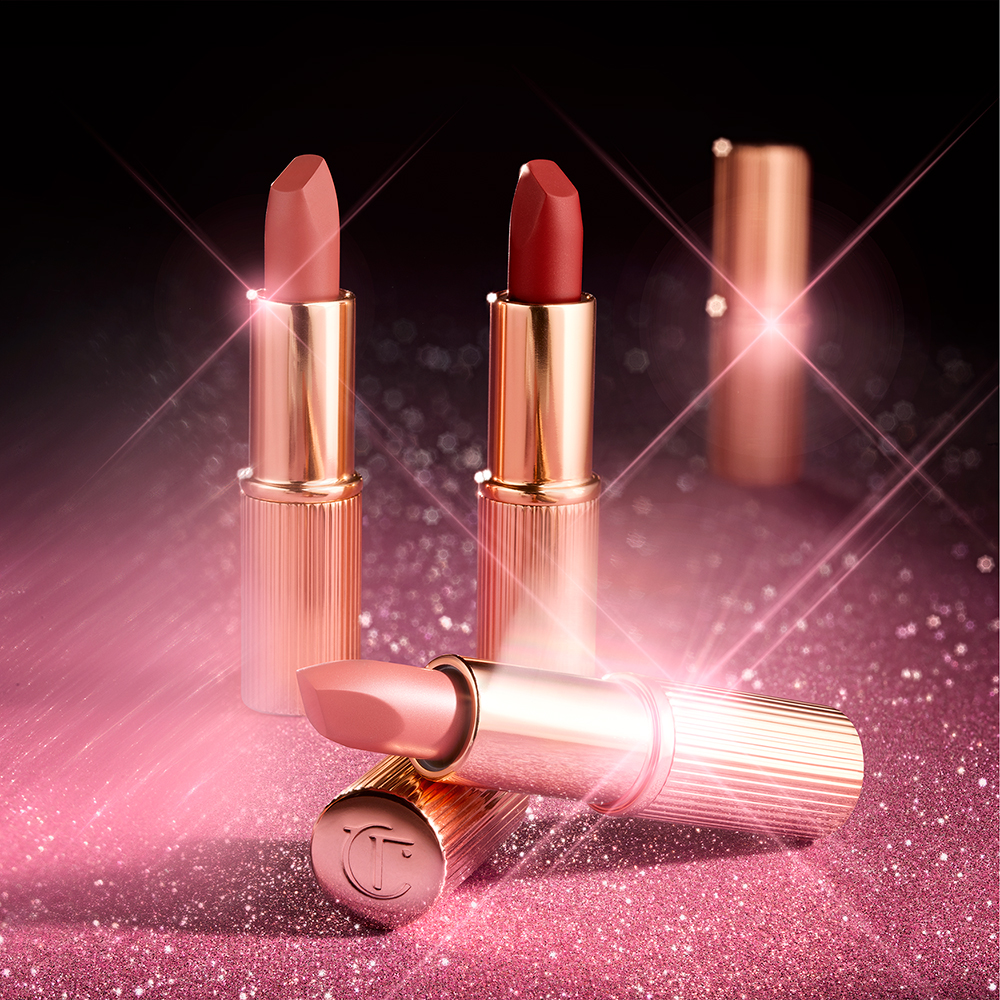 Three Charlotte Tilbury lipsticks in matte and satin finishes