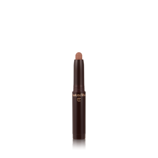 An open cream eyeshadow wand in a cool, nudey-brown matte shade in black-coloured tube.