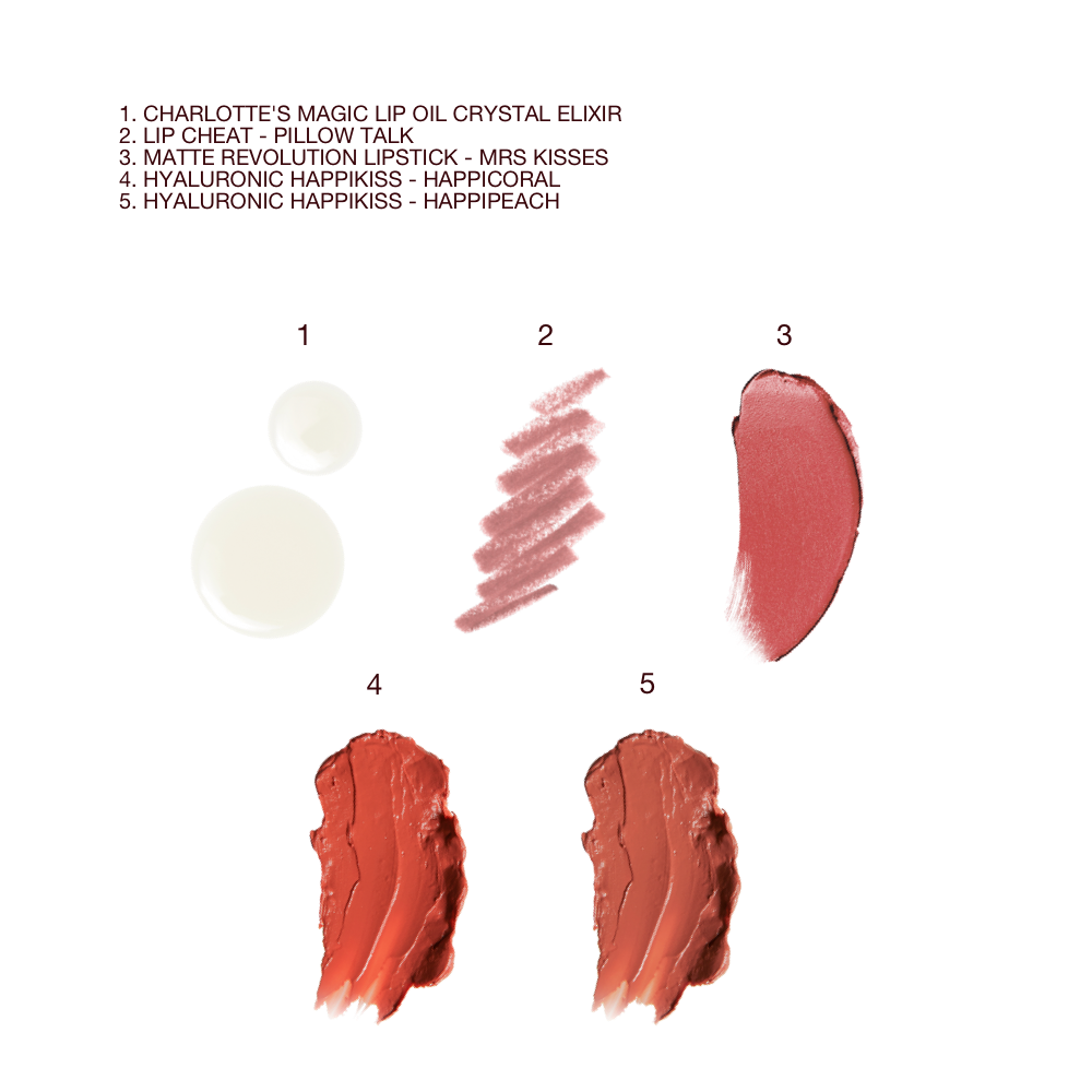 Swatches of a glowy, ivory-coloured lip oil, nude pink lip liner, tea pink matte lipstick, coral lipstick balm, and brown-peach lipstick balm.