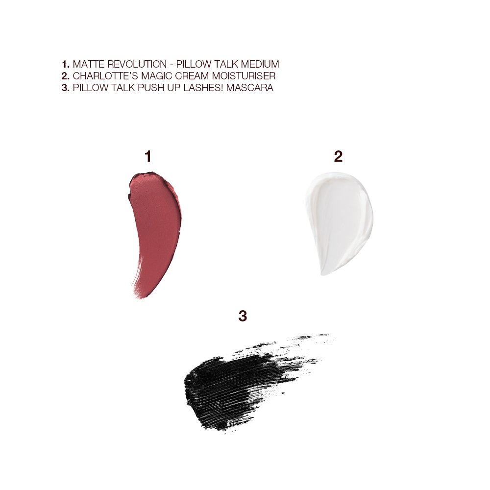 Swatches of a matte lipstick in a dusky pink shade, rich and luscious white-coloured face cream, and a jet-black mascara.