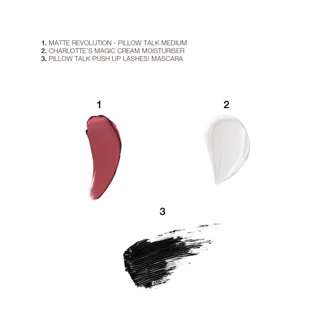 Magic Icons swatches Swatches of a matte lipstick in a dusky pink shade, rich and luscious white-coloured face cream, and a jet-black mascara.