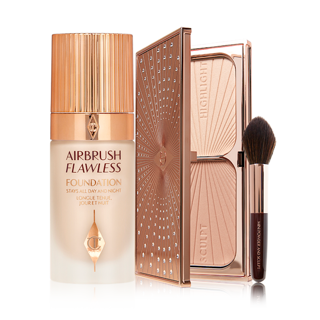 Sunkissed Airbrush Complexion Kit displayed Foundation in a frosted glass bottle with a gold-coloured lid, duo contour palette, and a contouring brush with soft, black-brown-coloured bristles and a brown and gold-coloured handle.