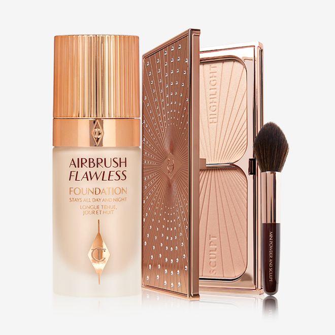 Sunkissed Airbrush Complexion Kit displayed Foundation in a frosted glass bottle with a gold-coloured lid, duo contour palette, and a contouring brush with soft, black-brown-coloured bristles and a brown and gold-coloured handle.