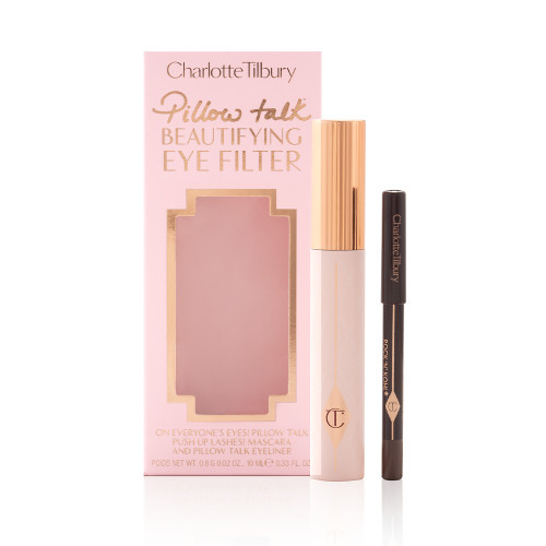 Black mascara in a sheer pink tube with a gold-coloured lid and eyeliner pencil in a brown shade with their packaging box next to them, in pink colour with the text, 'Pillow Talk Beautifying Eye Filter' written on it.