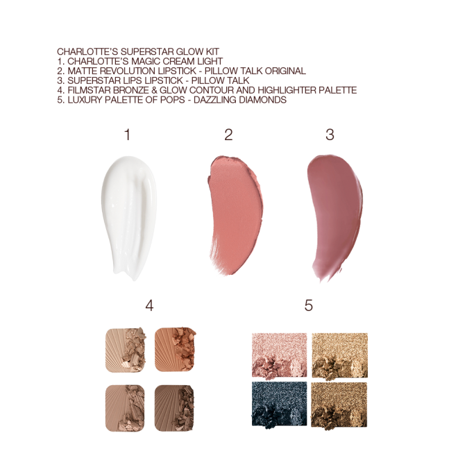 Swatches of a pearly-white face cream, nude pink matte lipstick, sheer berry-pink lipstick, duo contour palette for fair to medium and medium to deep skin tones, and four shimmery eyeshadows in shades of teal, rose gold, bronze, and dark brown.