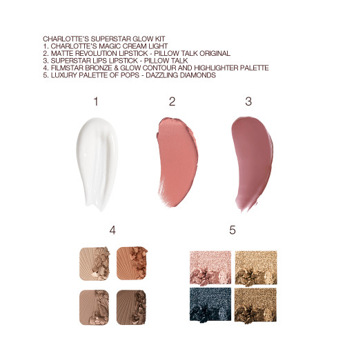 Swatches of a pearly-white face cream, nude pink matte lipstick, sheer berry-pink lipstick, duo contour palette for fair to medium and medium to deep skin tones, and four shimmery eyeshadows in shades of teal, rose gold, bronze, and dark brown.