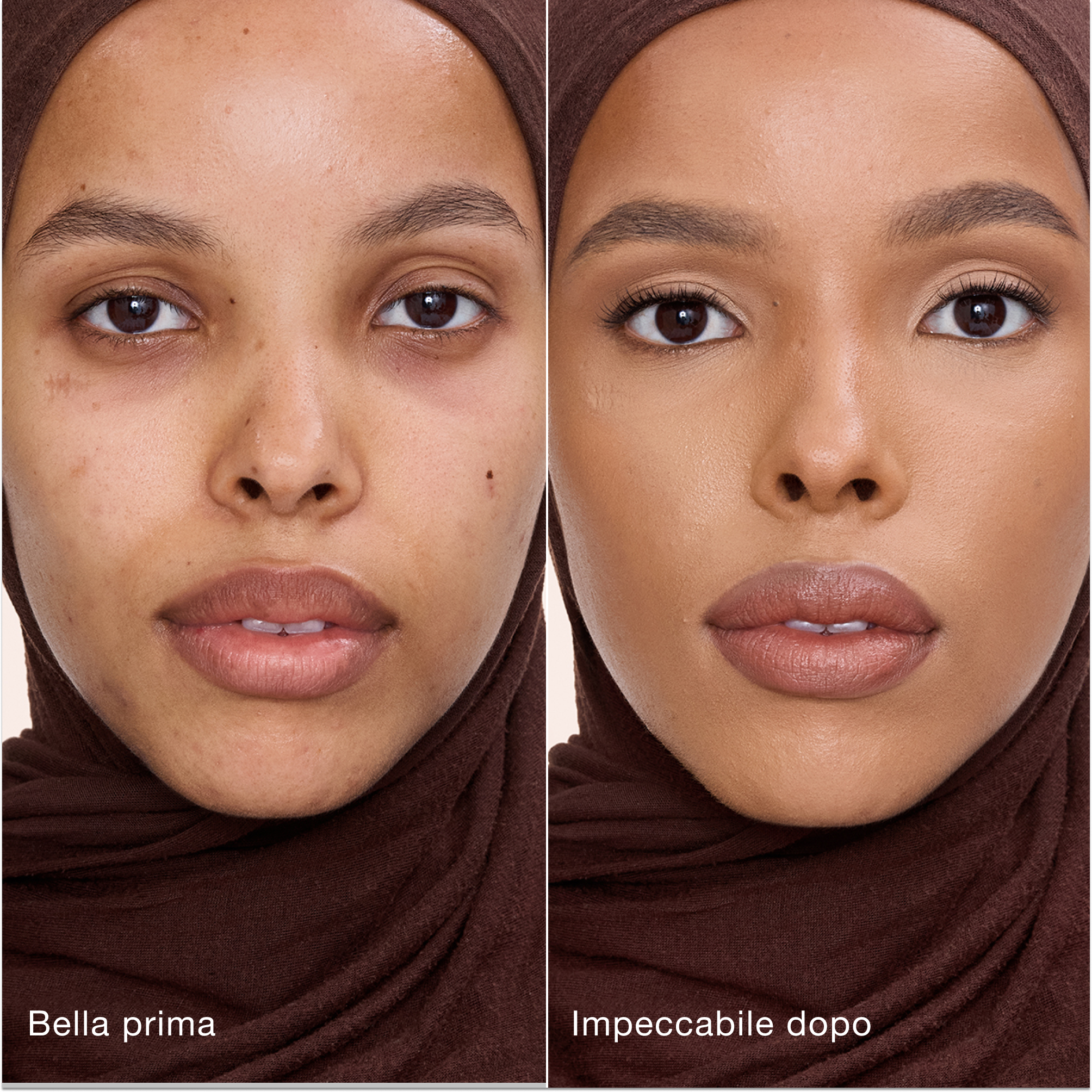 Confronto affiancato che mostra la pelle prima e dopo aver applicato il correttore Airbrush Flawless di Charlotte Tilbury, con le etichette di testo "Bella prima" e "Impeccabile dopo".
