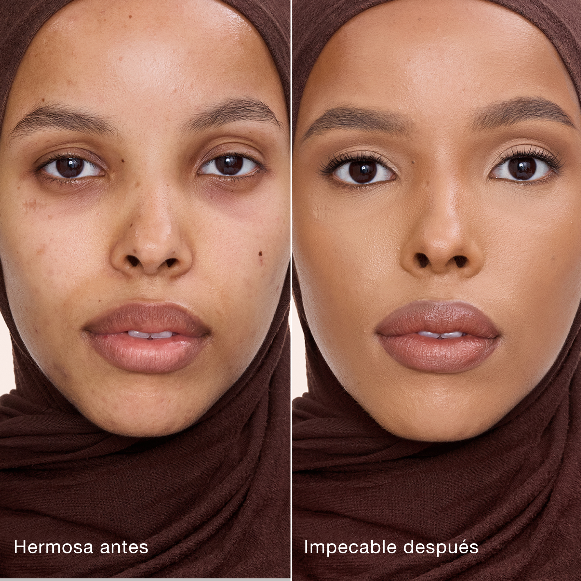 Comparación paralela que muestra la piel antes y después de aplicar el corrector Charlotte Tilbury Airbrush Flawless Concealer con las etiquetas de texto "Preciosa antes", "Impecable después".
