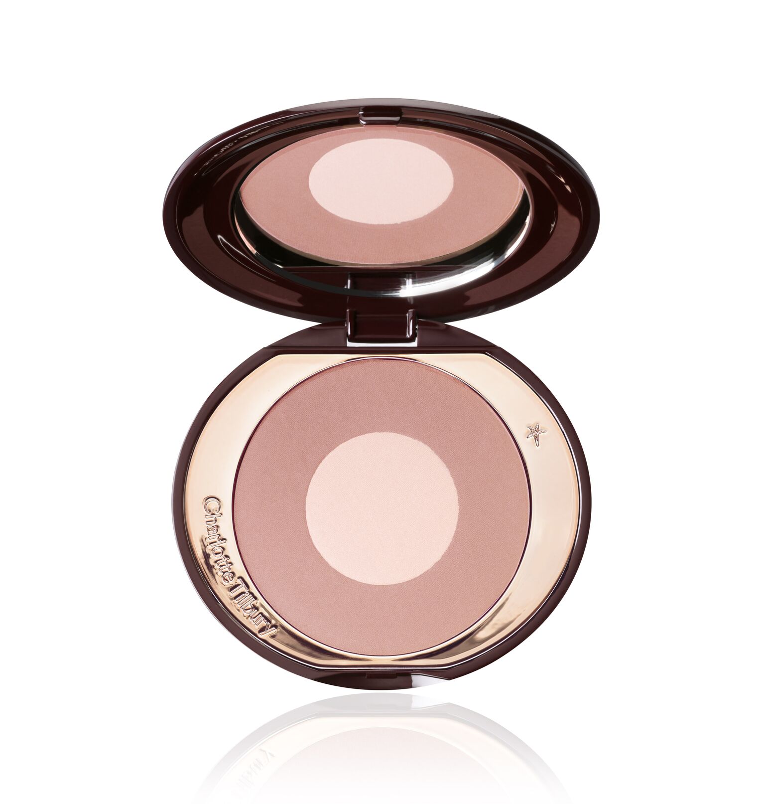 An open, two-tone powder blush in a nude pink shade. 