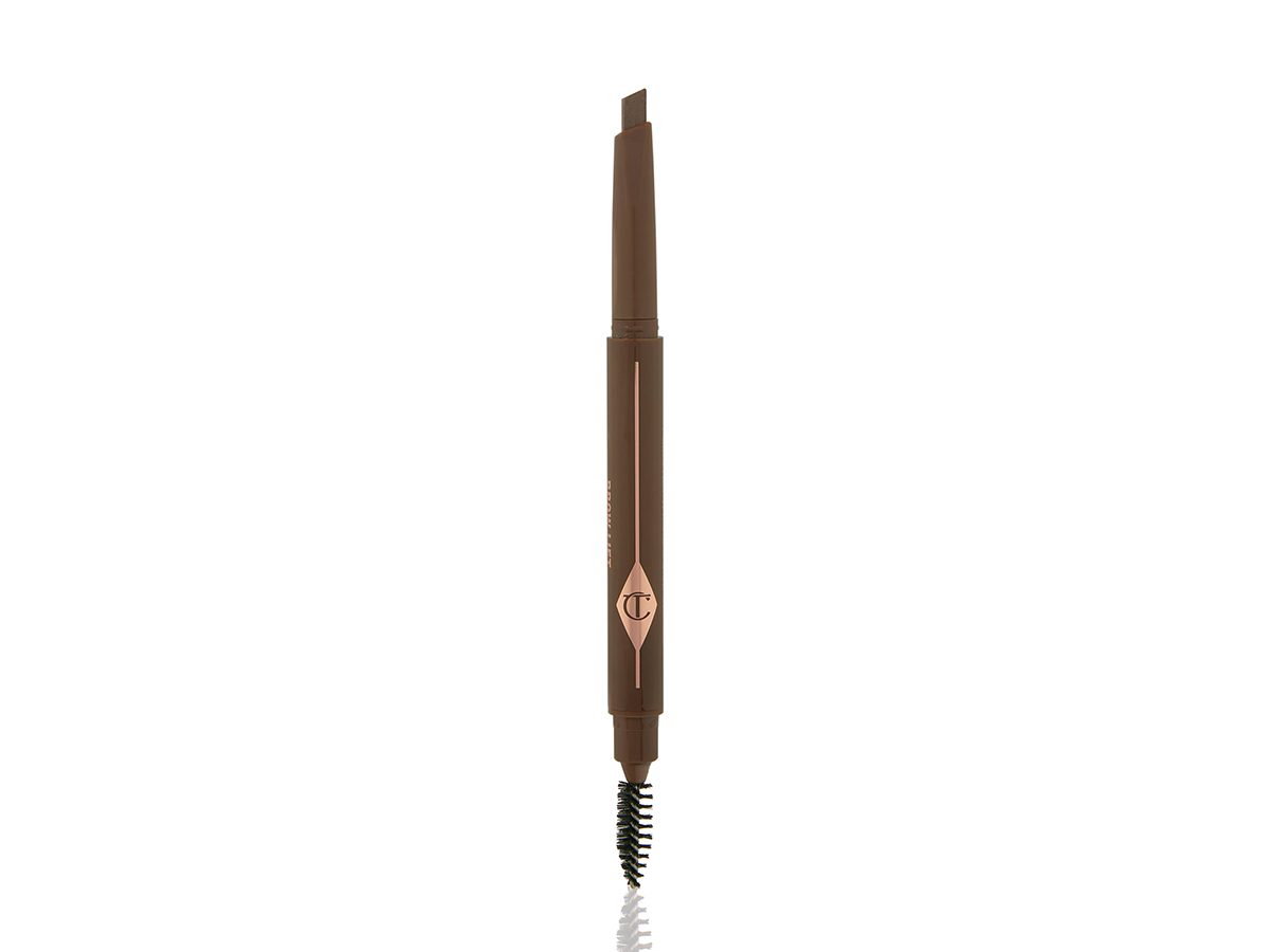 A double-ended eyebrow pencil and spoolie brush duo in a brown shade with brown-coloured packaging.
