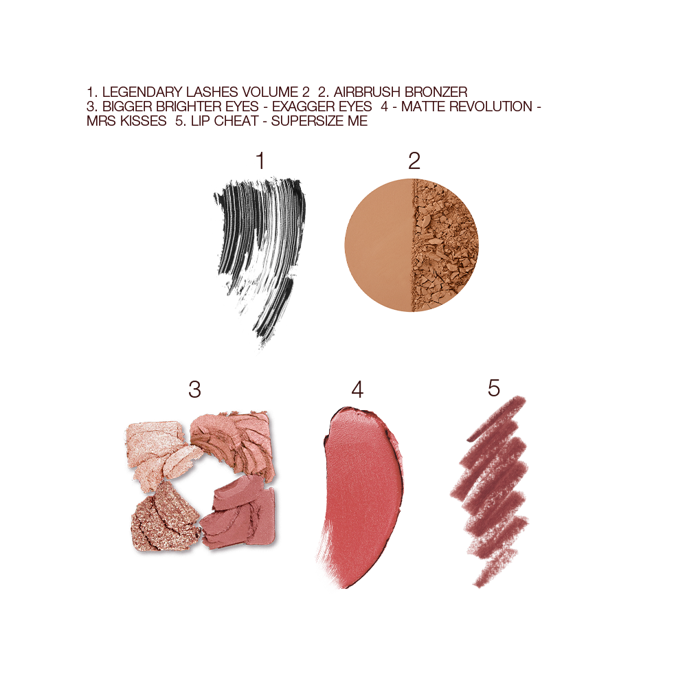 Swatches of black mascara, medium-brown powder bronzer, eyeshadows in ivory, redwood, bronze, and rose gold, matte lipstick in medium pink and lip liner in a maroon shade. 