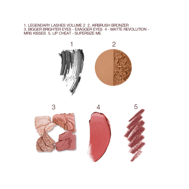 Swatches of black mascara, medium-brown powder bronzer, eyeshadows in ivory, redwood, bronze, and rose gold, matte lipstick in medium pink and lip liner in a maroon shade. 