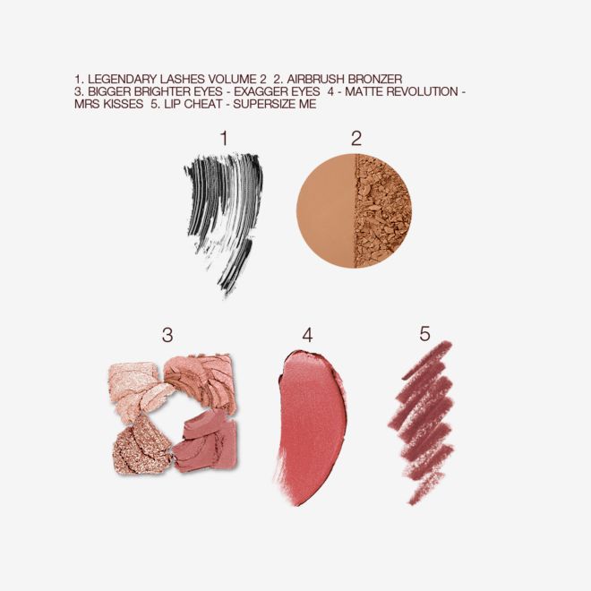 Pretty Sun-kissed Beauty Kit swatches Swatches of black mascara, medium-brown powder bronzer, eyeshadows in ivory, redwood, bronze, and rose gold, matte lipstick in medium pink and lip liner in a maroon shade.