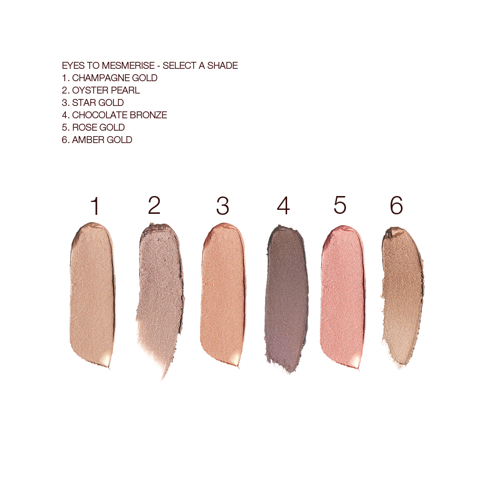 Swatches of six cream eyeshadows in champagne-bronze, oyster-gold, bronze-gold, grey-brown, rose gold, and amber gold. 