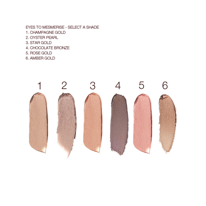 Eyes to mesmerise swatches Swatches of six cream eyeshadows in champagne-bronze, oyster-gold, bronze-gold, grey-brown, rose gold, and amber gold.