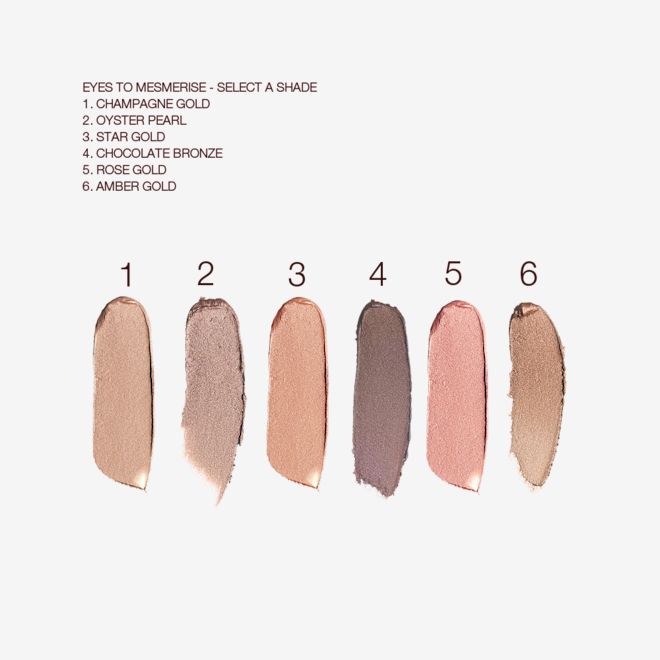 Eyes to mesmerise swatches Swatches of six cream eyeshadows in champagne-bronze, oyster-gold, bronze-gold, grey-brown, rose gold, and amber gold.