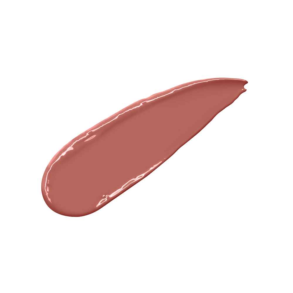 Swatch of a warm, brownish-pink nude lipstick with a satin finish.