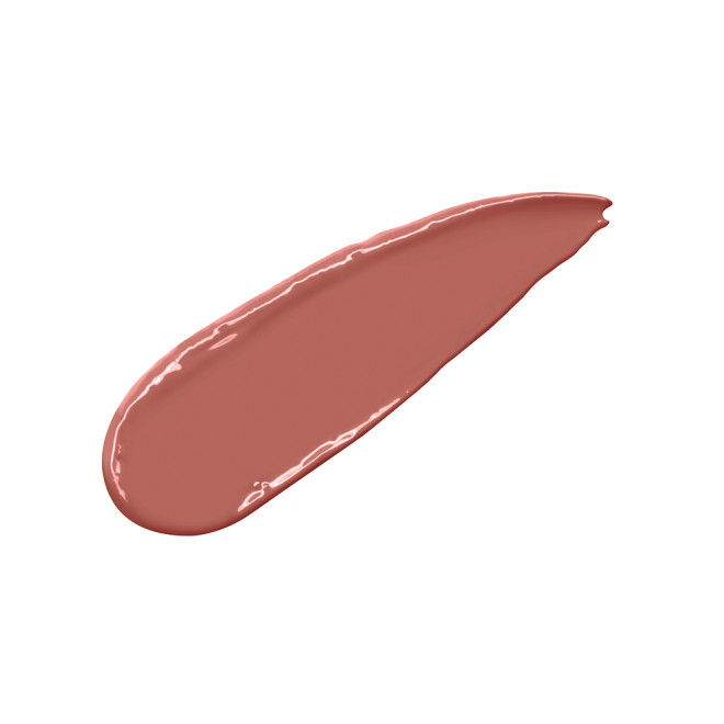 Swatch of a warm, brownish-pink nude lipstick with a satin finish.