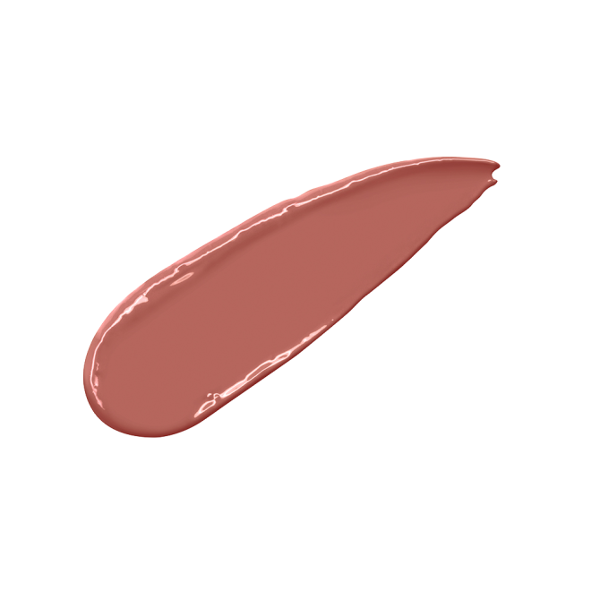 Swatch of a warm, brownish-pink nude lipstick with a satin finish.