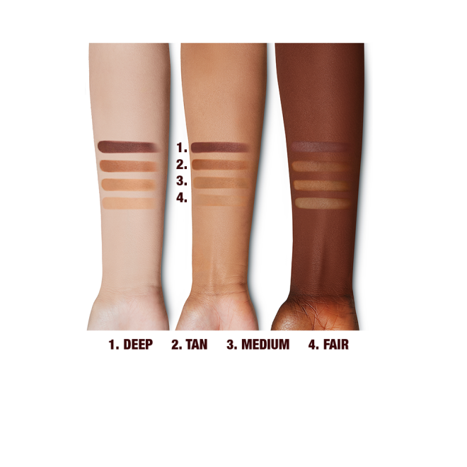 Swatches of fair, medium, medium dark, and deep bronzer on light, medium, and deep-tone arms. 