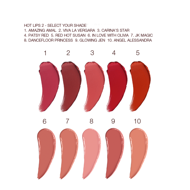 Swatches of ten lipstick in muted shades of pink, beige, red, brown, and purple.