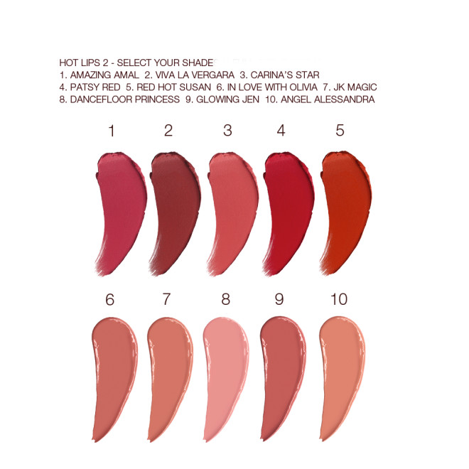 Swatches of ten lipstick in muted shades of pink, beige, red, brown, and purple.