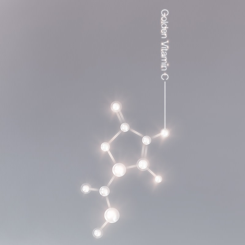 Illustration showing the molecular structure of Golden Vitamin C in Charlotte's skincare and makeup products