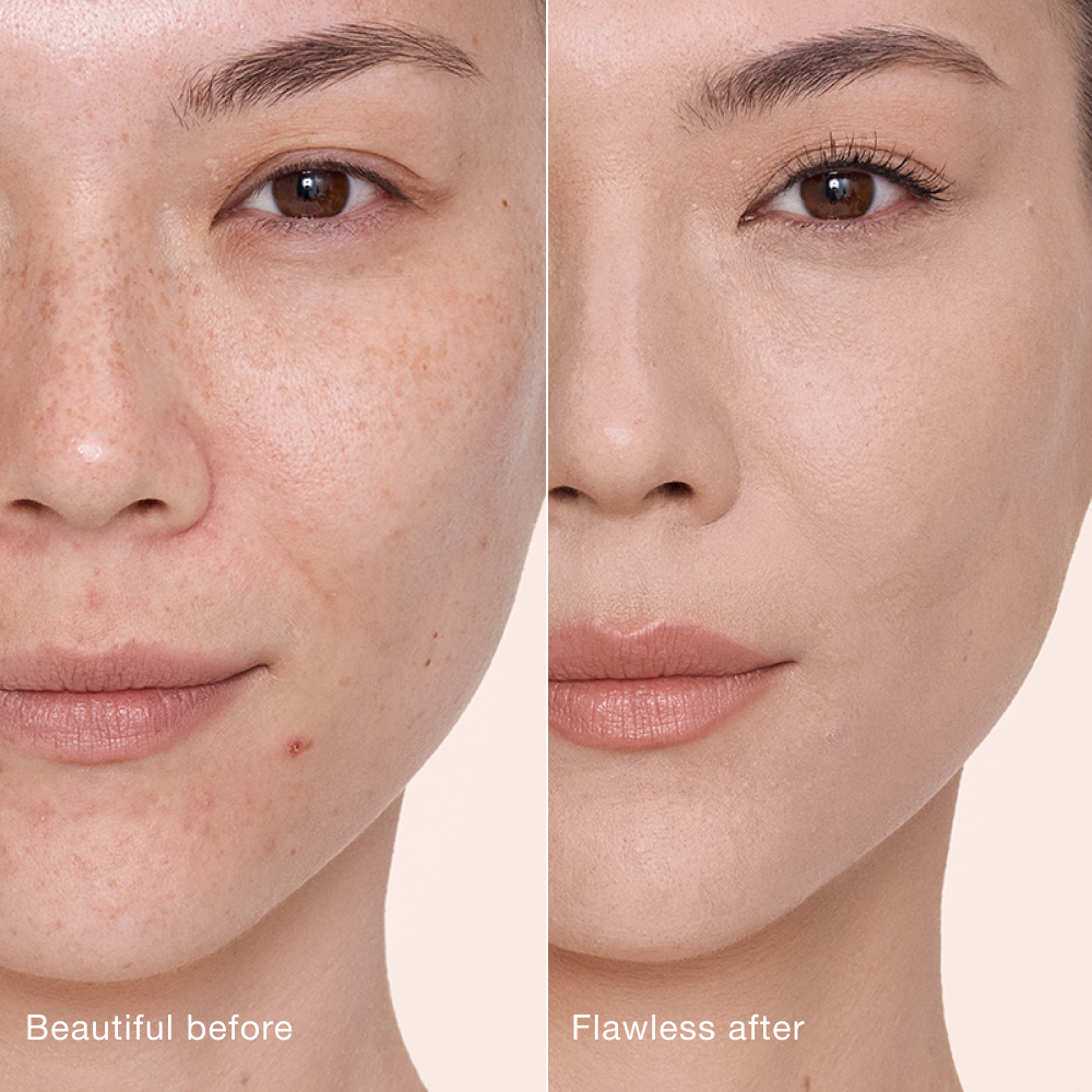 Side-by-side comparison showing skin before and after applying Charlotte Tilbury Airbrush Flawless Concealer, with text labels 'Beautiful before' and 'Flawless after'.