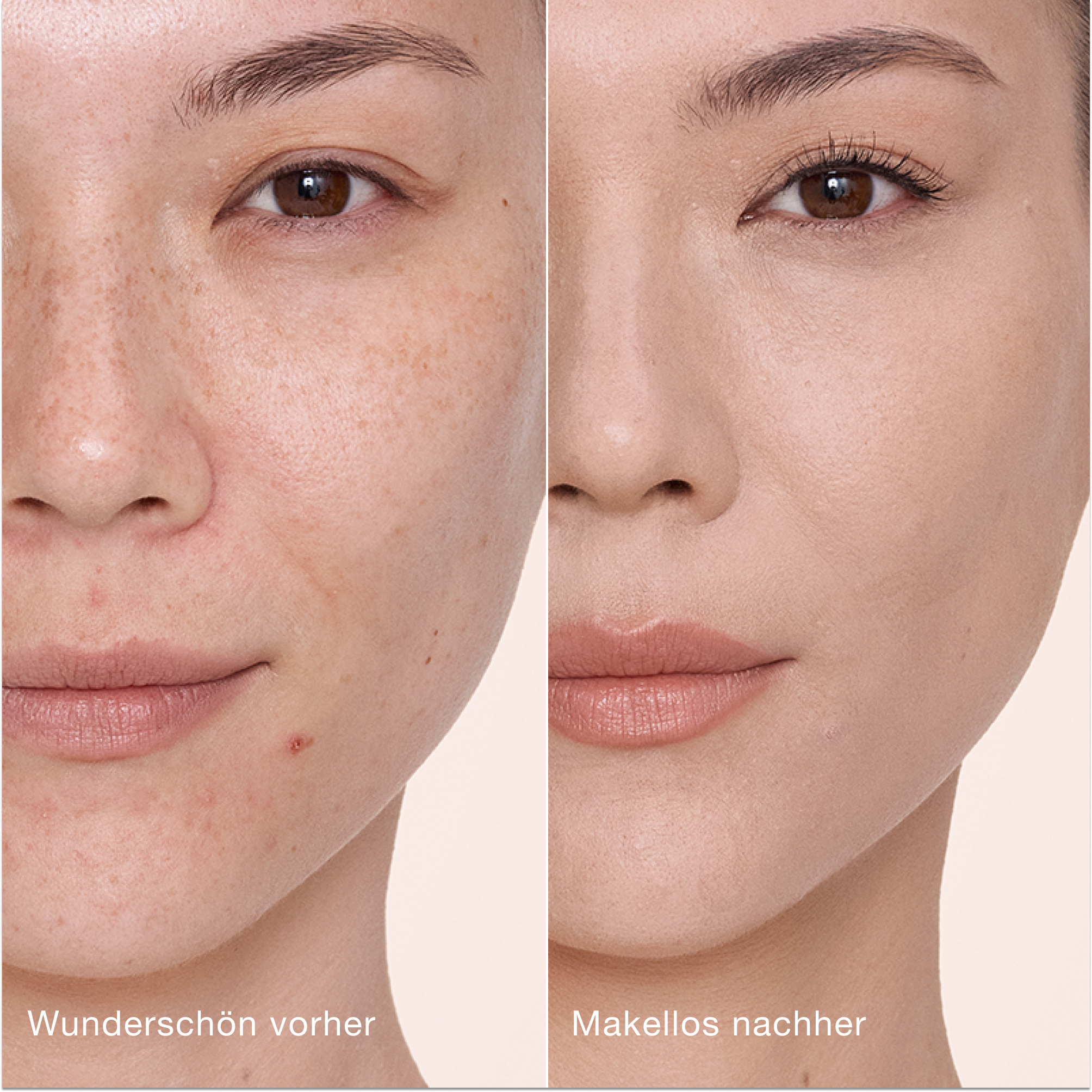 Ein direkter Vergleich zeigt die Haut vor und nach dem Auftragen des Charlotte Tilbury Airbrush Flawless Concealers mit den Beschriftungen „Wunderschön vorher“ und „Makellos nachher“.