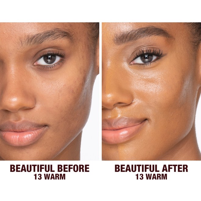 Before and after shots of a deep-tone model without any makeup and then wearing glowy, flawless skin, wearing skin-like foundation that adds a youthful glow and looks natural along with nude pink lipstick and subtle everyday eye makeup.