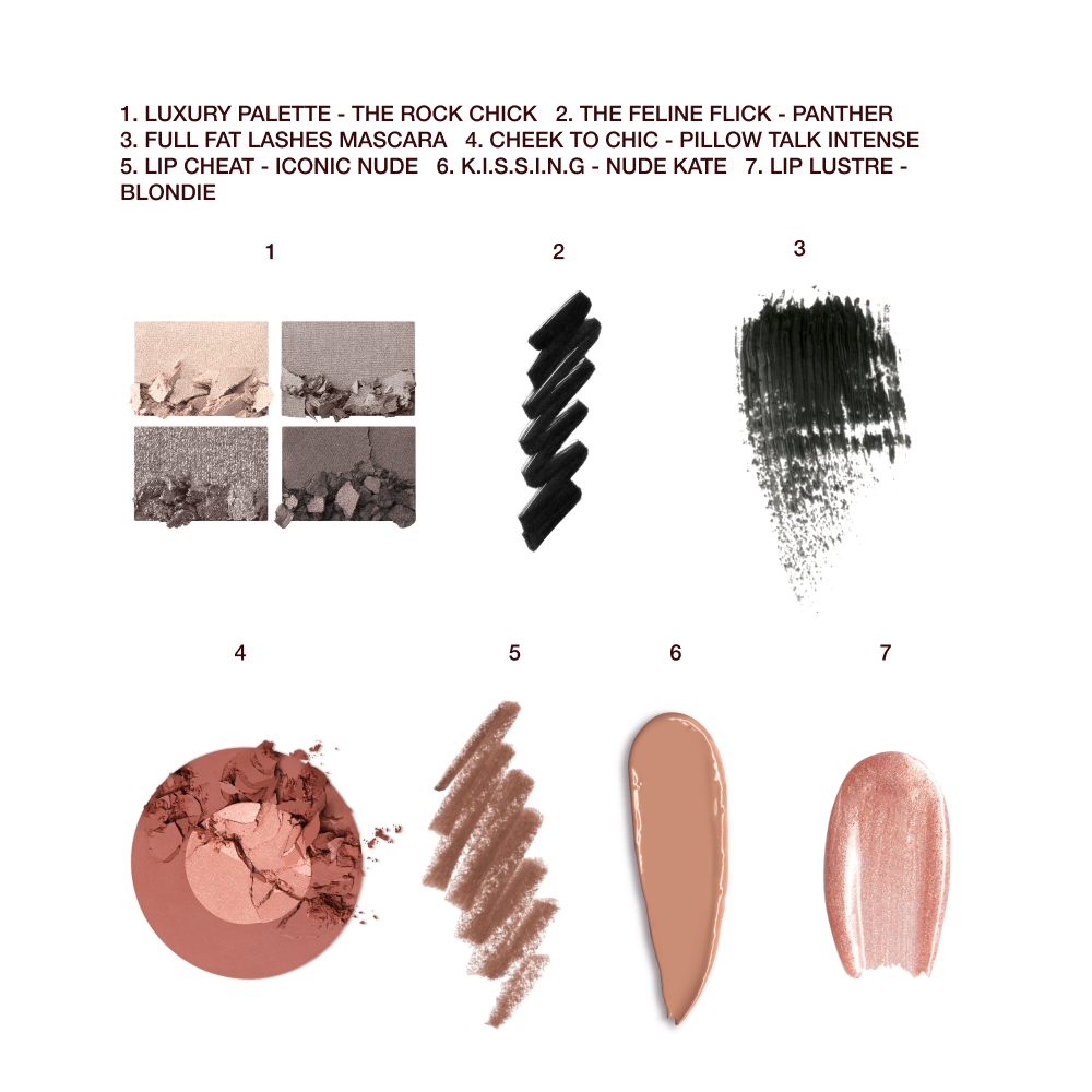 Swatches of a quad eyeshadow palette in shades of grey and gold, black eyeliner, black mascara, two-tone blush in champagne and light pink, lip liner in nude brown, lipstick in a light caramel shade, and lip gloss in sheer pink. 