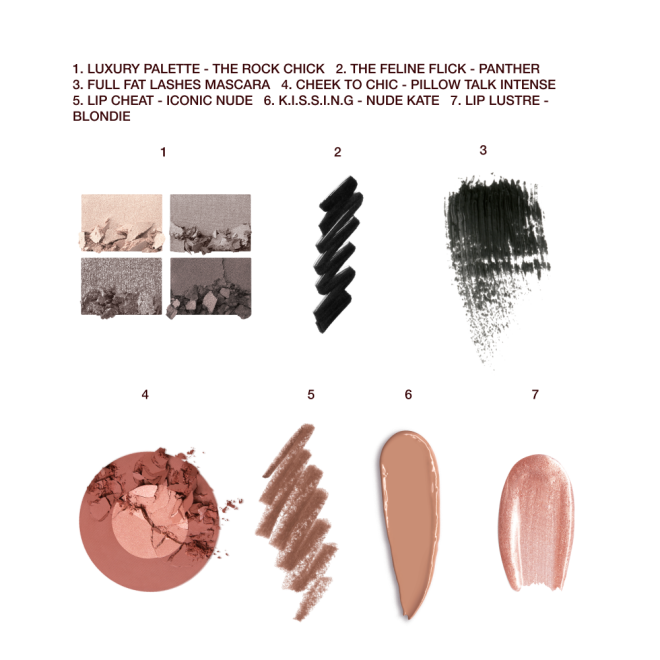 Swatches of a quad eyeshadow palette in shades of grey and gold, black eyeliner, black mascara, two-tone blush in champagne and light pink, lip liner in nude brown, lipstick in a light caramel shade, and lip gloss in sheer pink. 