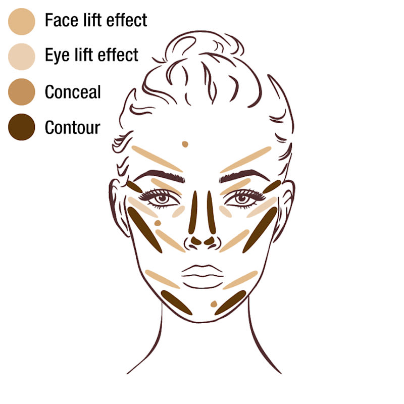 Illustrated face showing 4 shades of concealer in correct placement to lift, conceal and contour.