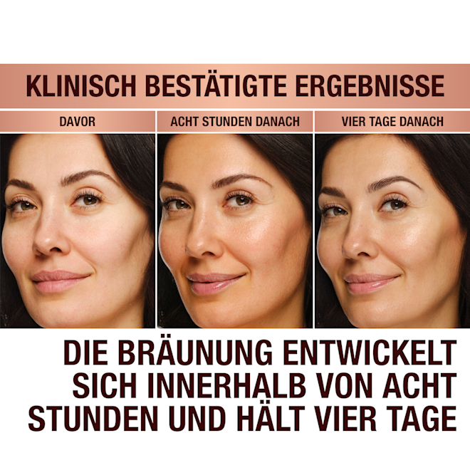 Beautiful Skin Island Glow Drops before and after Clinically proven results! A model with no tanning drops applied, the same model 8 hours after applying tanning drops, and the same model after 4 days. Tan develops in 8 hours and lasts 4 days.