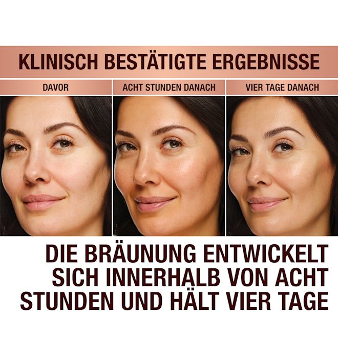 Beautiful Skin Island Glow Drops before and after Clinically proven results! A model with no tanning drops applied, the same model 8 hours after applying tanning drops, and the same model after 4 days. Tan develops in 8 hours and lasts 4 days.