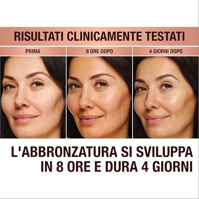 Beautiful Skin Island Glow Drops before and after Clinically proven results! A model with no tanning drops applied, the same model 8 hours after applying tanning drops, and the same model after 4 days. Tan develops in 8 hours and lasts 4 days.