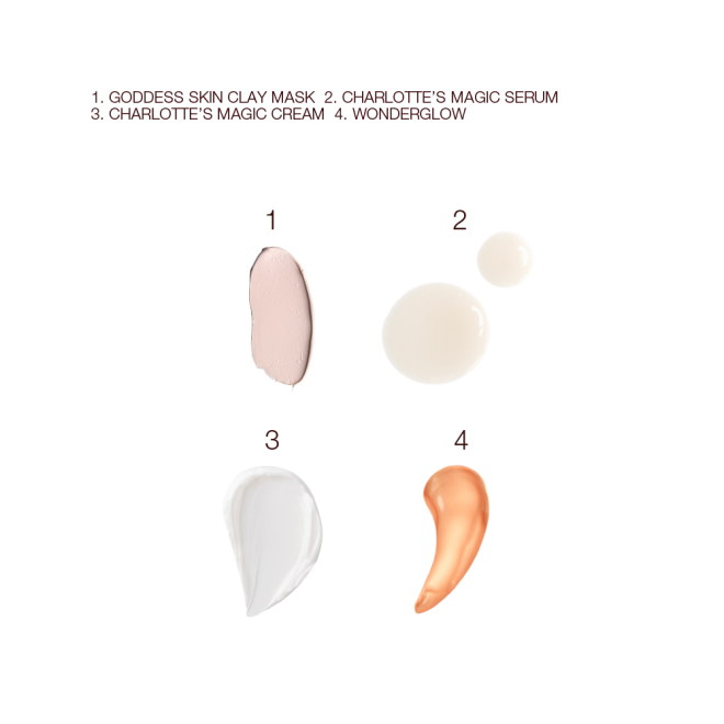 Swatches of a clay mask, luminous ivory-coloured serum, pearly-white face cream, and glowy copper-gold-coloured primer. 