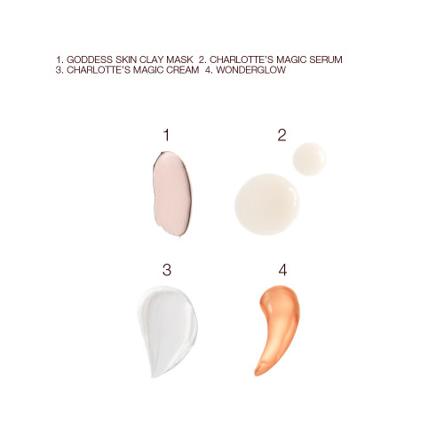 Swatches of a clay mask, luminous ivory-coloured serum, pearly-white face cream, and glowy copper-gold-coloured primer. 