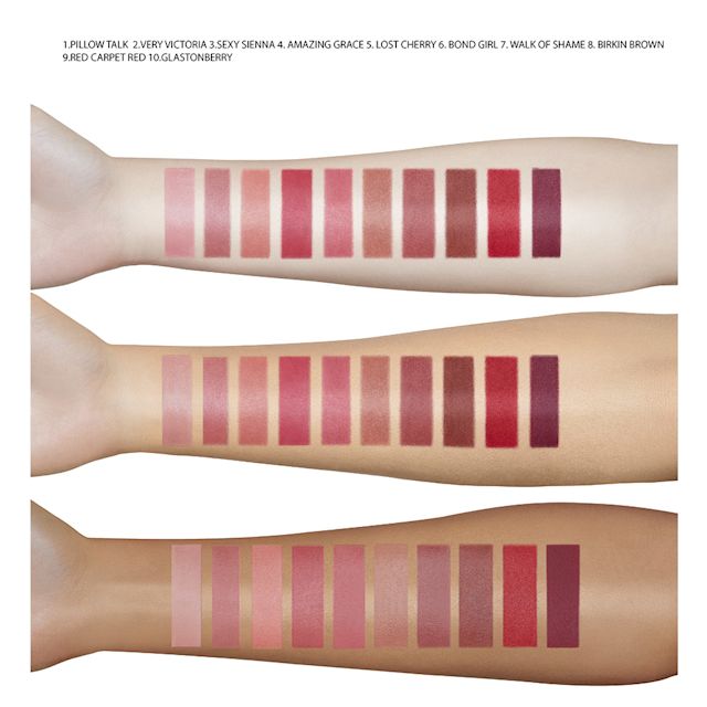 Muestras de brazos de las barras de labios Matte Revolution en pieles claras