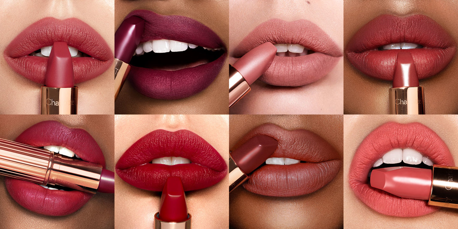 Collage of 8 models wearing different shades of Matte Revolution matte lipsticks