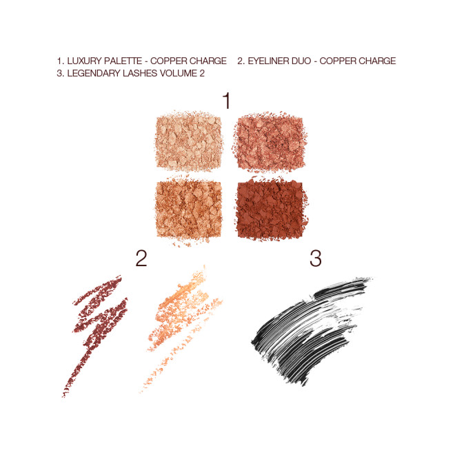 Swatches of four, crushed eyeshadows in shades of copper and gold, two eyeliners in copper and champagne, and black mascara. 