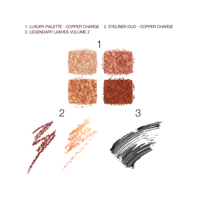 Swatches of four, crushed eyeshadows in shades of copper and gold, two eyeliners in copper and champagne, and black mascara. 