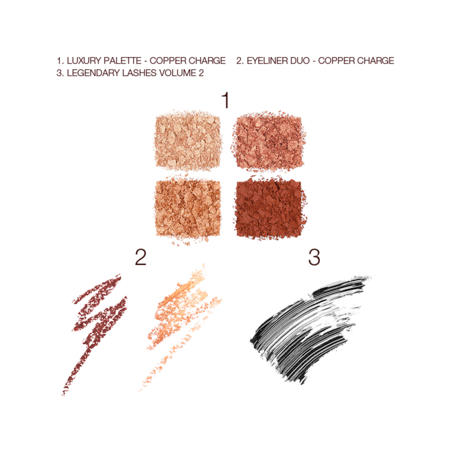 Copper Bundle Magic Trick Eye Kit swatches Swatches of four, crushed eyeshadows in shades of copper and gold, two eyeliners in copper and champagne, and black mascara.