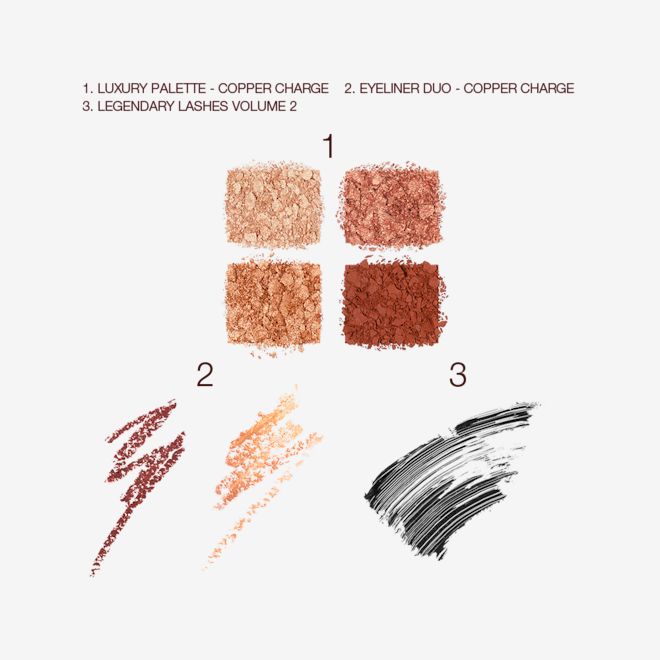 Copper Bundle Magic Trick Eye Kit swatches Swatches of four, crushed eyeshadows in shades of copper and gold, two eyeliners in copper and champagne, and black mascara.