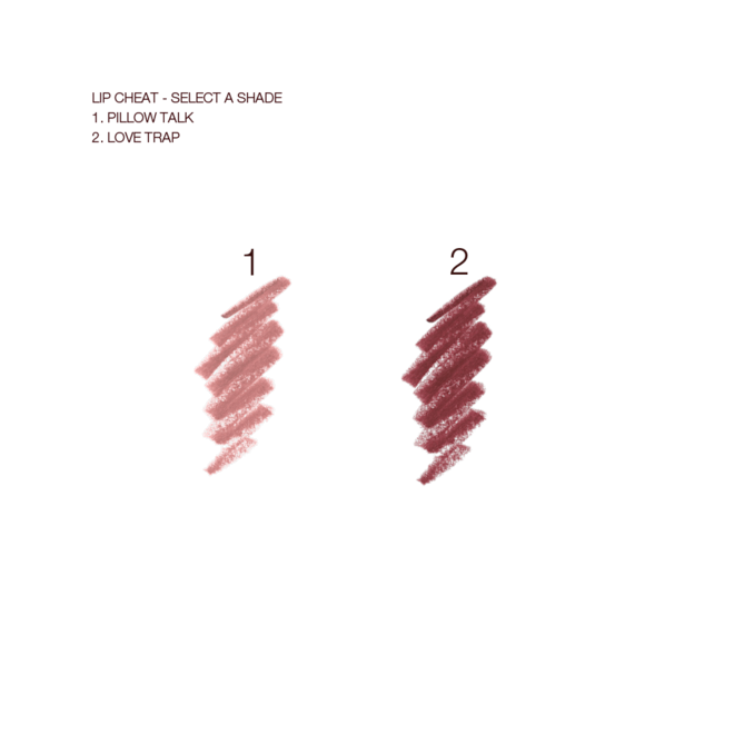 Pillow Talk Just-kissed Glow Kit swatches Swatches of two lip liner pencils in nude pink and dark berry-pink.