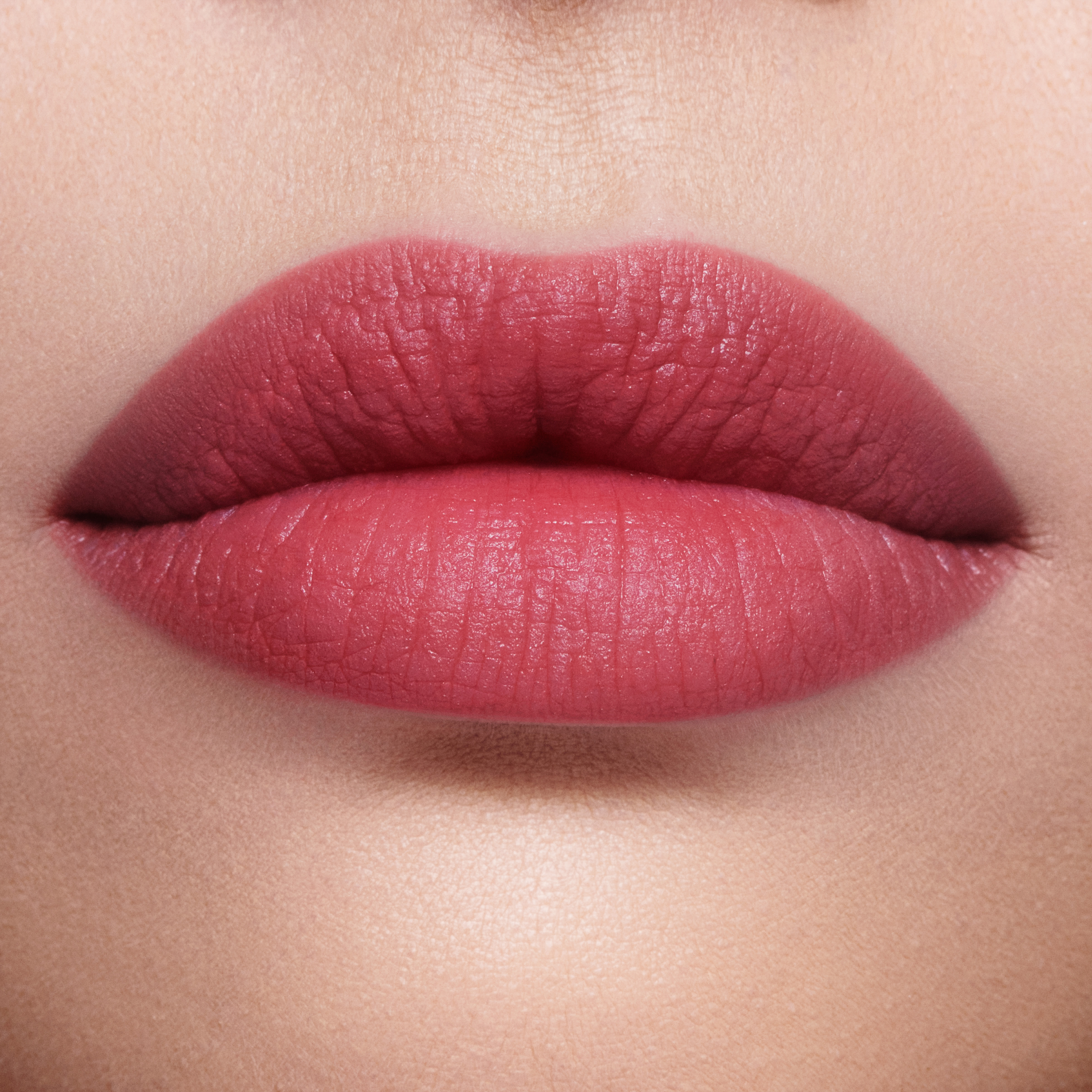 Model wearing Rose Blur pink matte lipstick