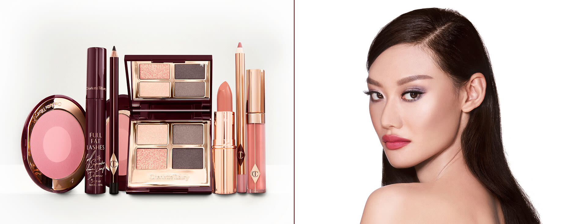 A fair-tone model with brown eyes wearing shimmery lilac and champagne eye makeup with nude pink blush and coral lipstick with gloss on top, along with an open, mirrored-lid eyeshadow palette in matte and shimmery gold and grey shades, an open black eyeliner pencil, a mascara in a dark-crimson colour scheme, a golden-peach lipstick with a matching lip liner pencil, coral lip gloss, and an open two-tone blush in cool pink. 